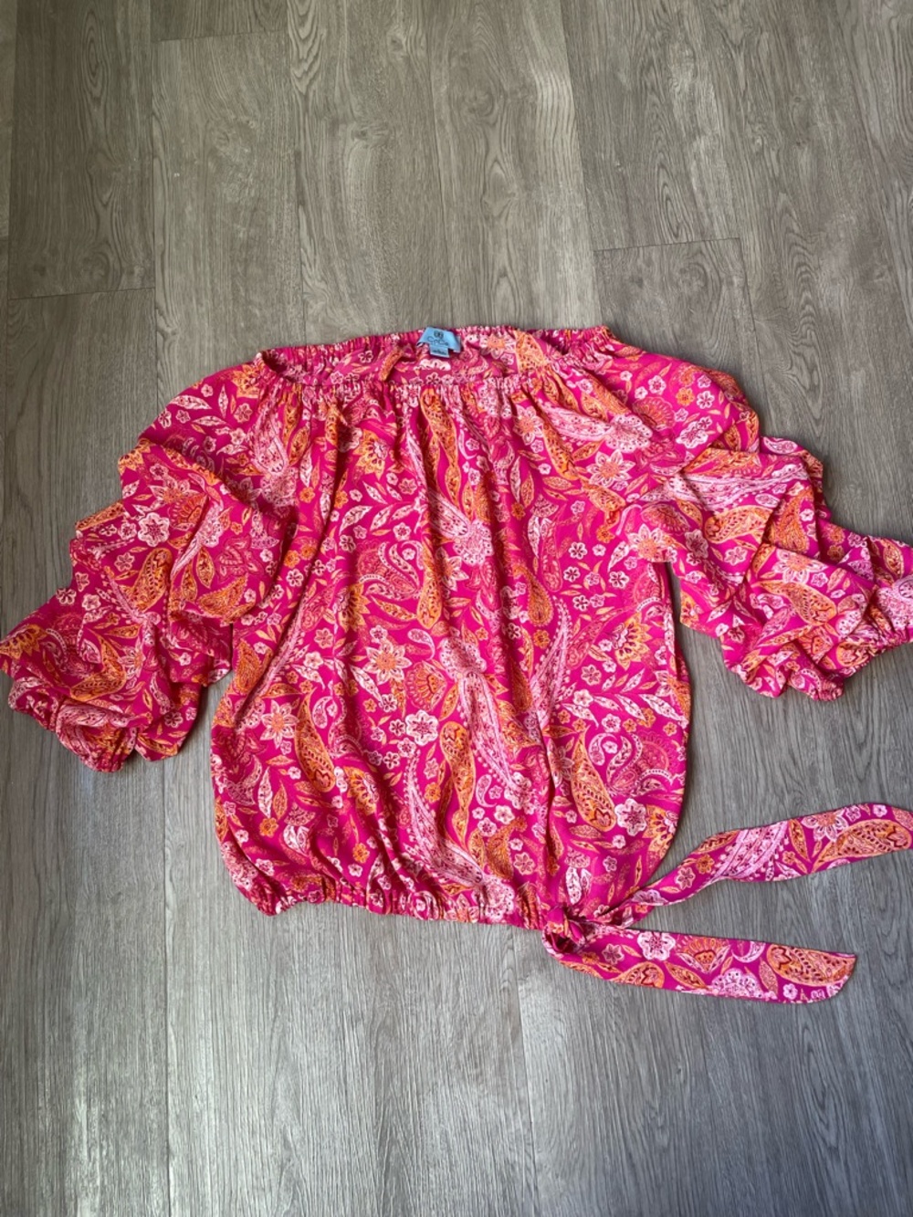 CECE WOMENS FLORAL 3/4 SLEEVE BLOUSE SIZE LARGE TIE RUFFLED PUFFY